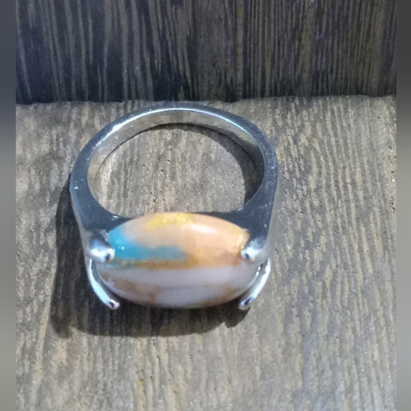 Silver Tone Ring with Multicolor Stone - Picture 2 of 6